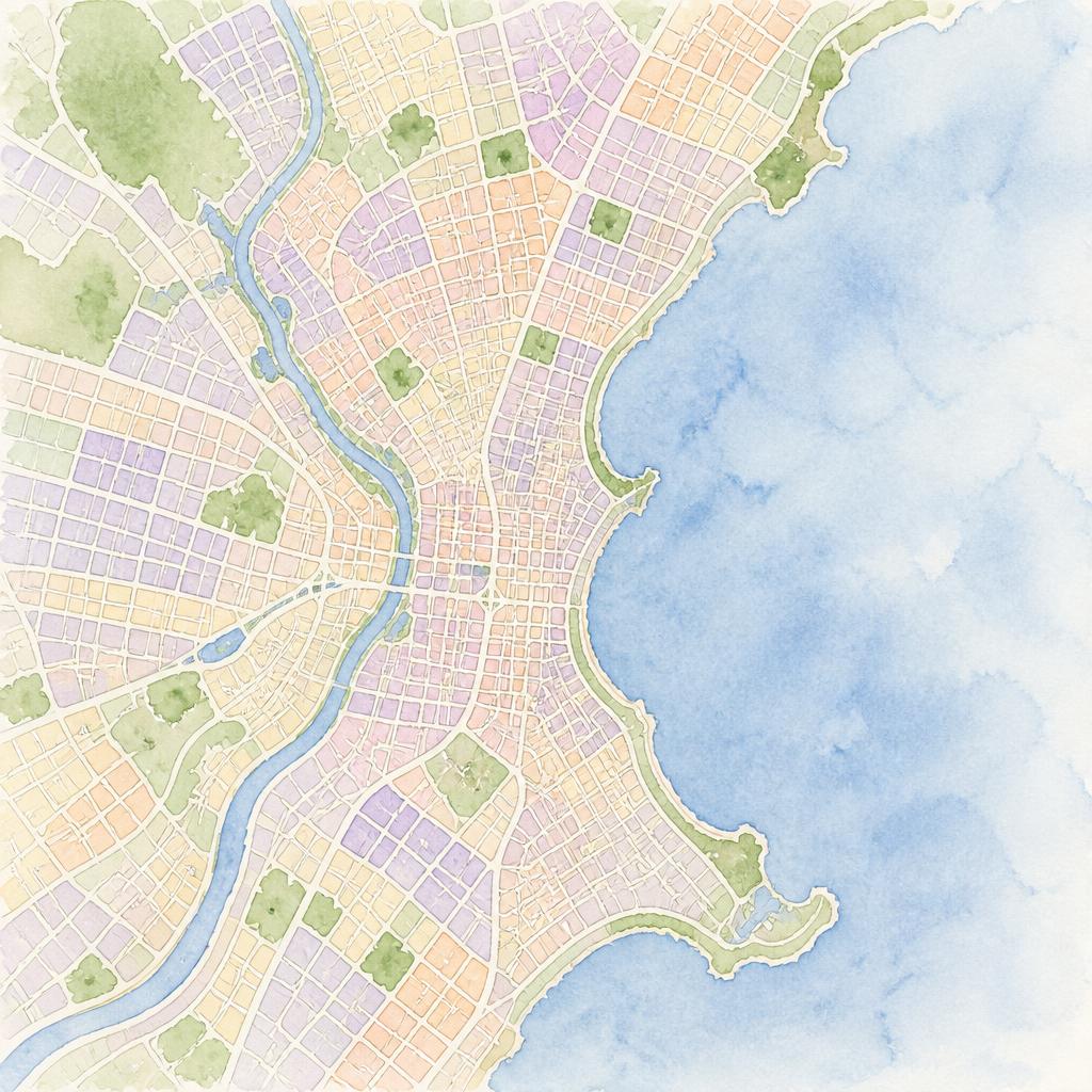 Watercolor map of Chicago neighborhoods served by North Shore Lactation