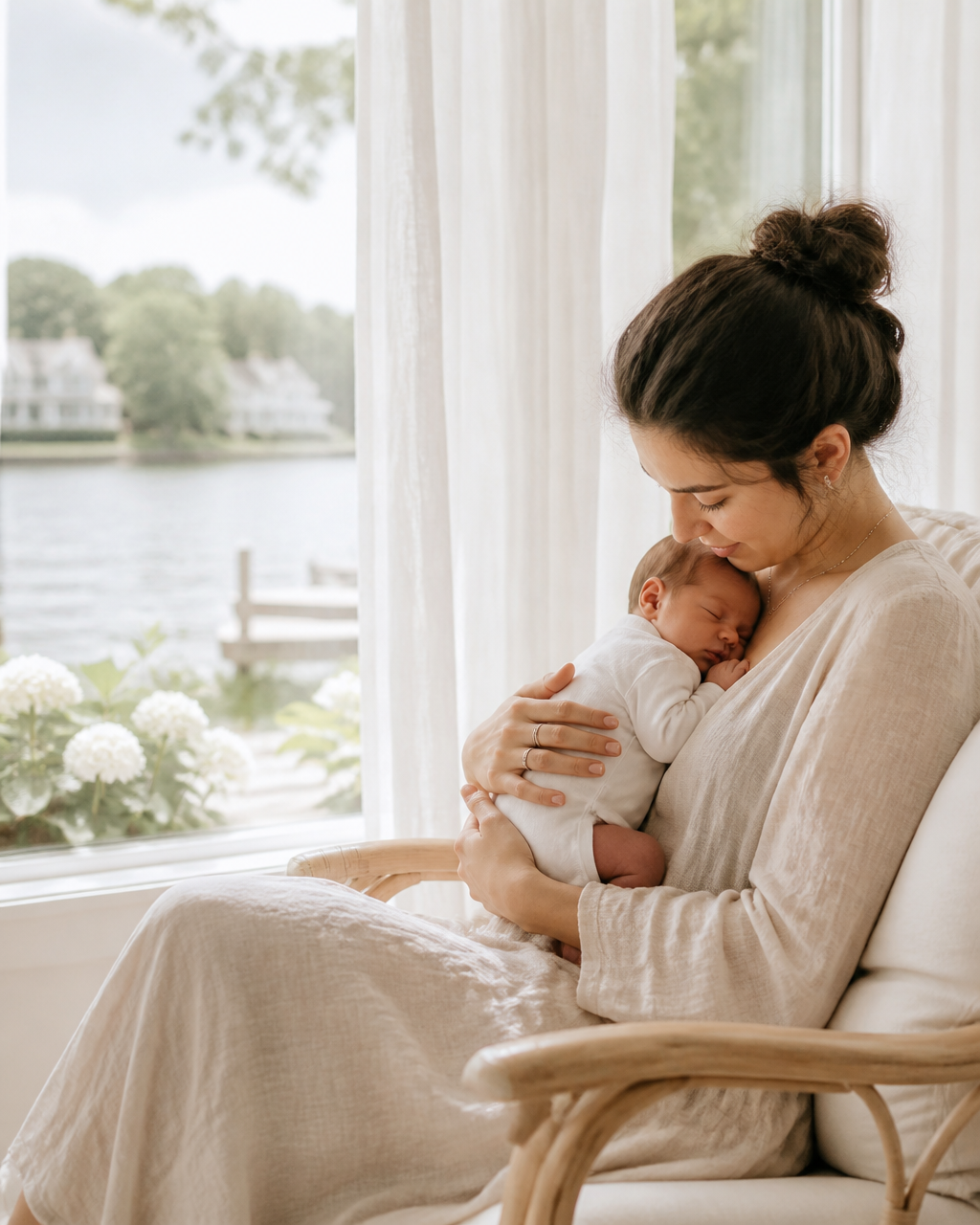 Mother holding her newborn at home in the Fox Valley, Illinois during a lactation visit