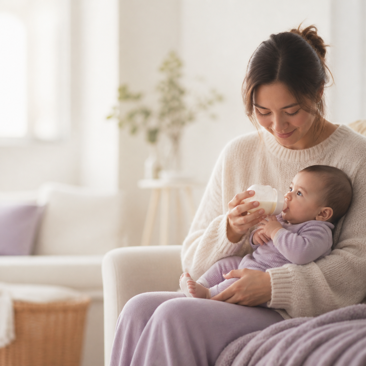 Caregiver offering a paced bottle to a baby in a bright living room