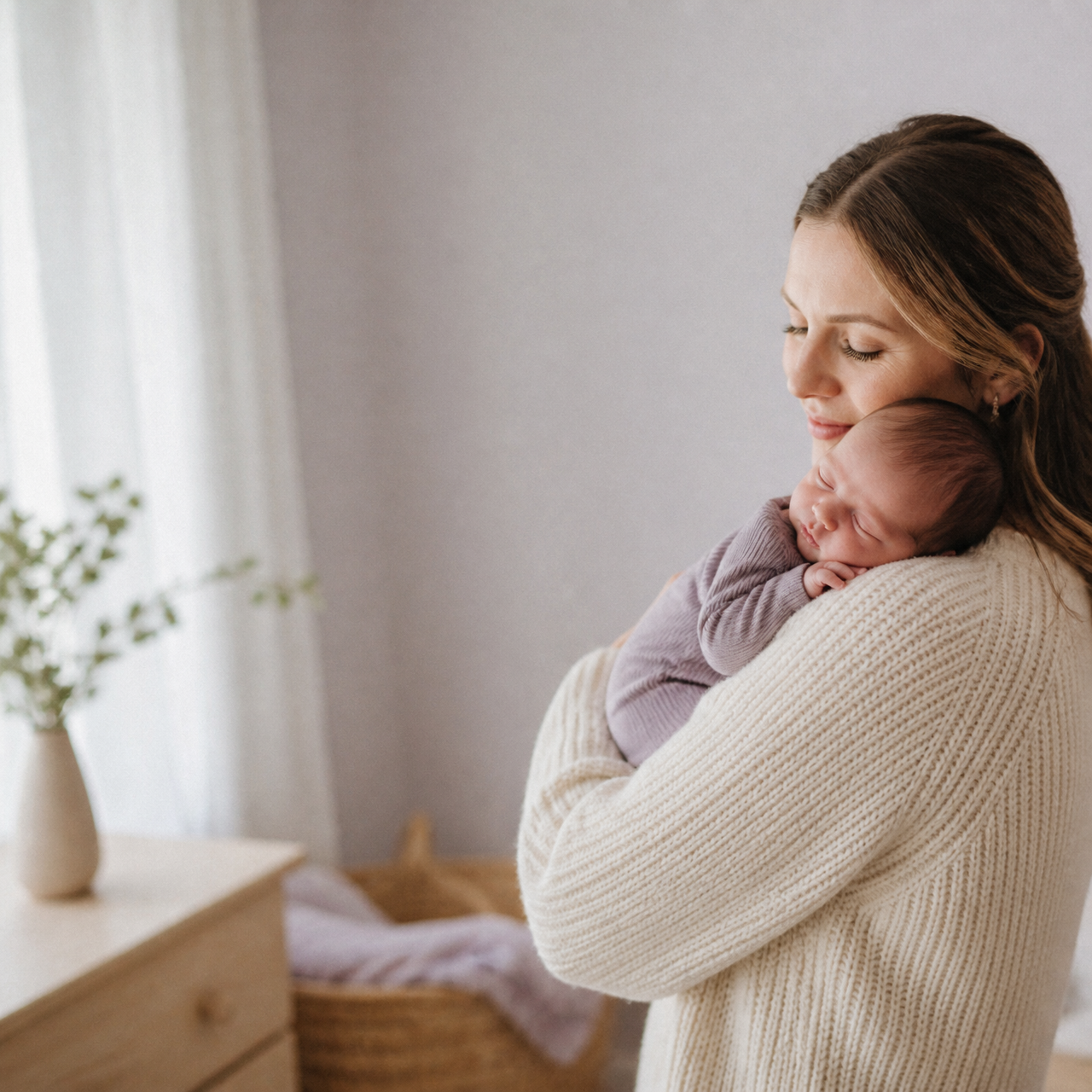 Mother holding her newborn close in a bright, calm nursery