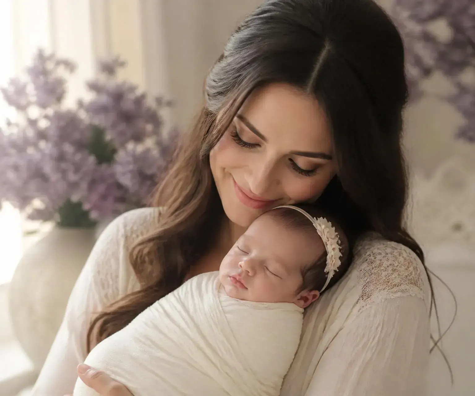 Mother smiling while holding her baby at home