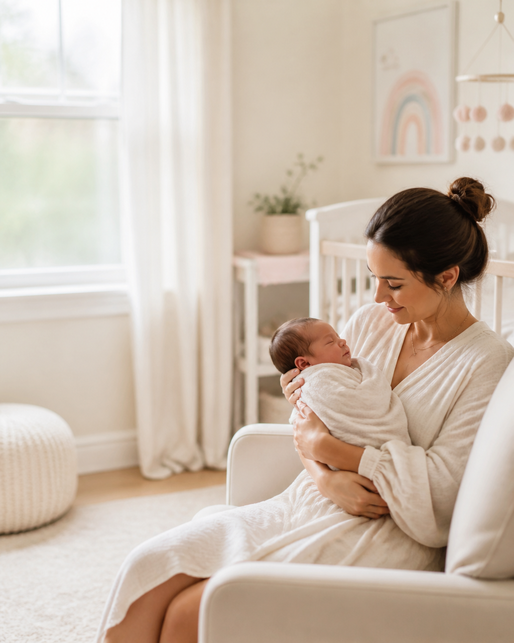 Mother holding her newborn at home in Naperville, Illinois during a lactation visit