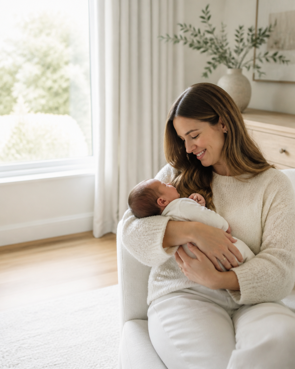 Mother holding her newborn at home on Chicago's North Shore during a lactation visit