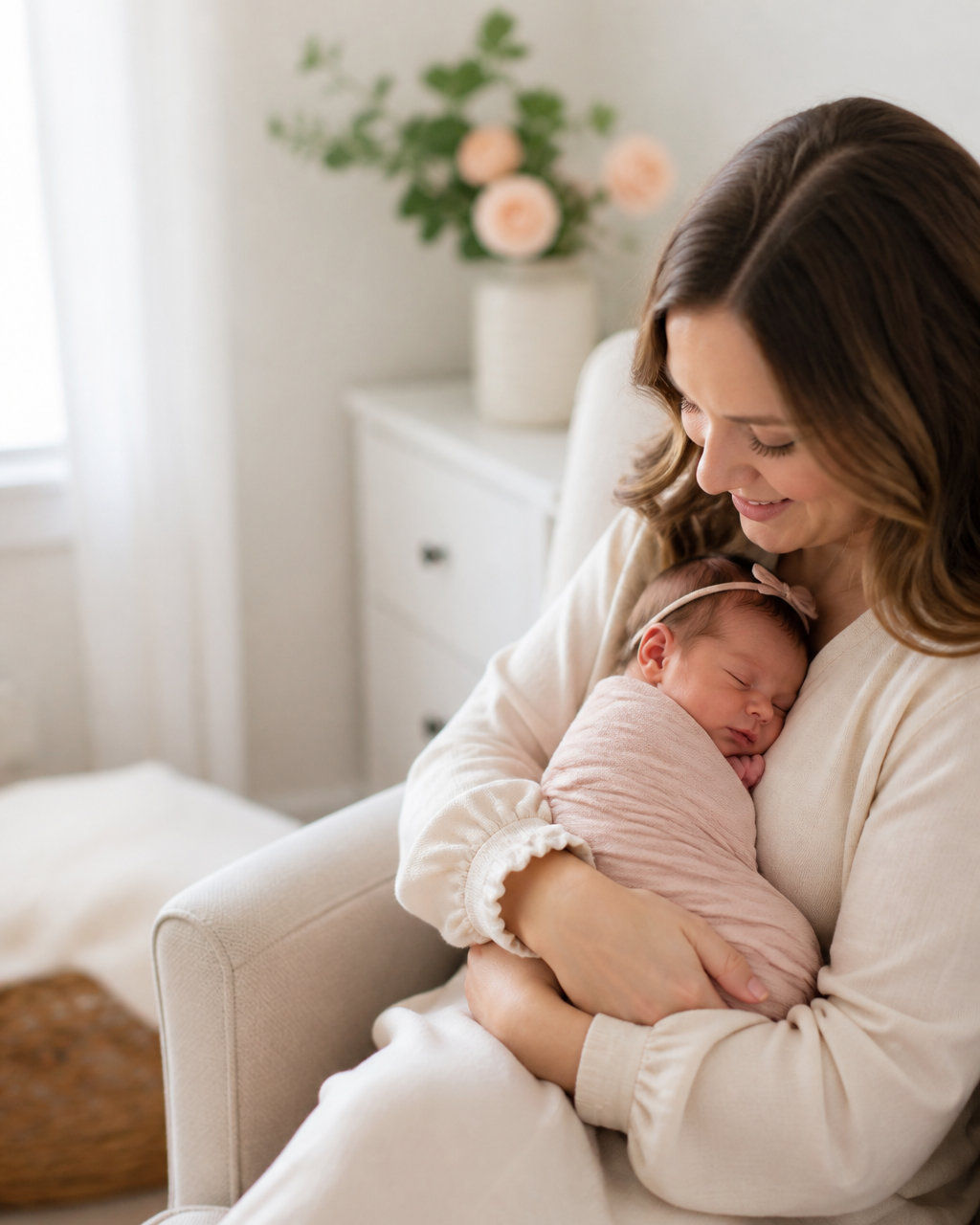 Mother holding her newborn at home in Chicago's South Suburbs during a lactation visit