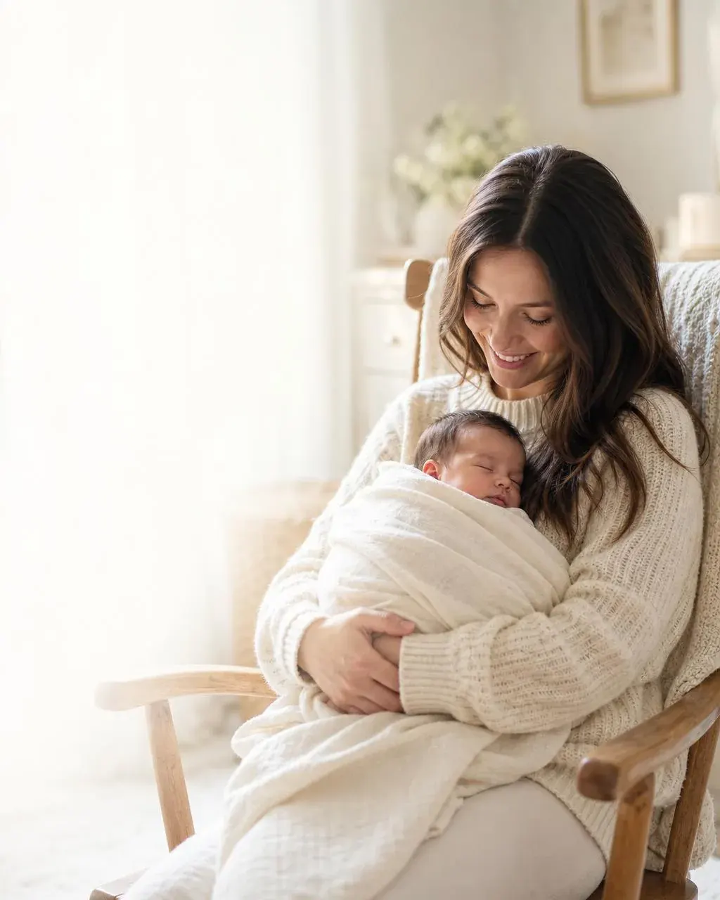 Mother in a cream sweater smiling down at her swaddled newborn