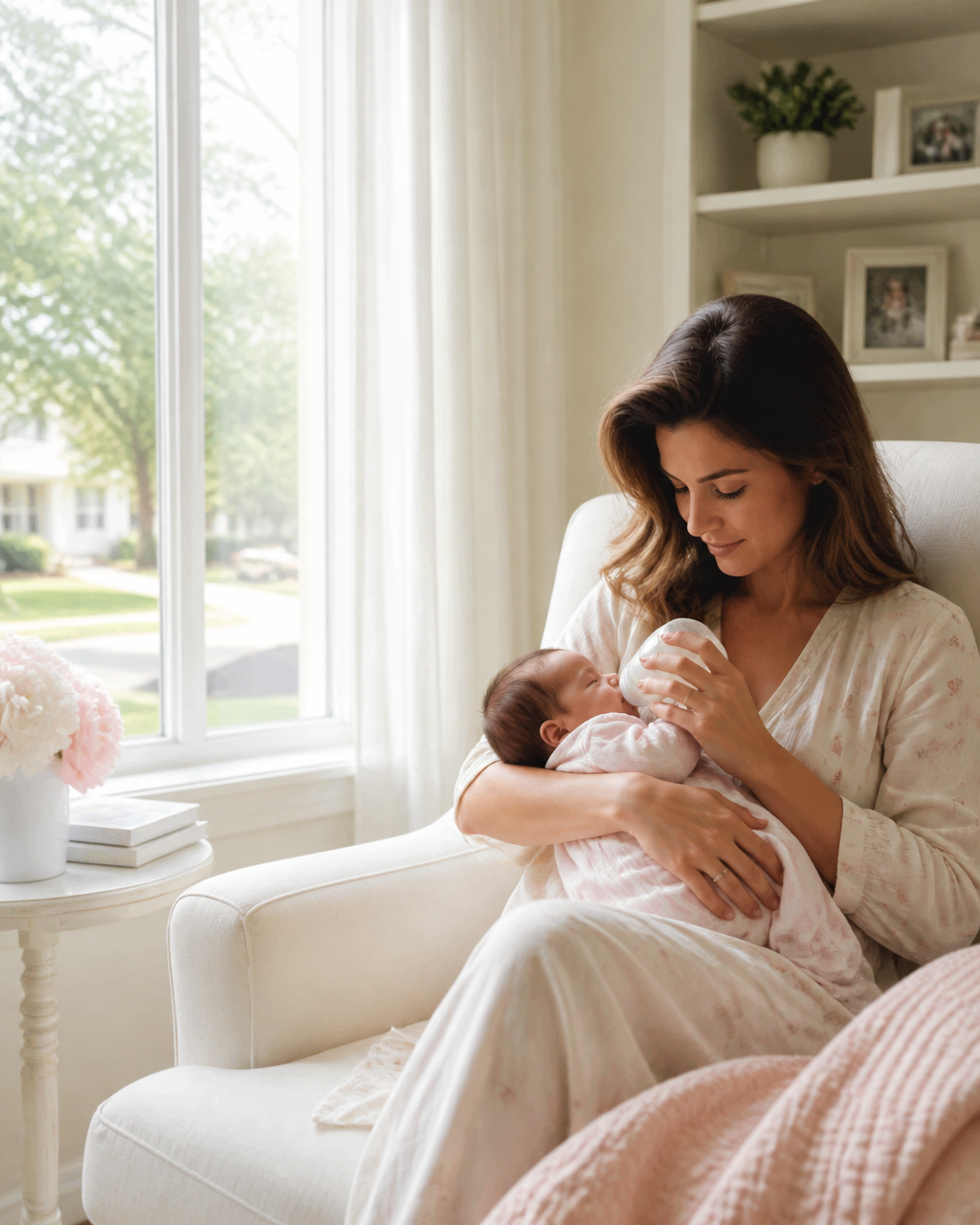 Mother holding her newborn at home in Chicago's western suburbs during a lactation visit