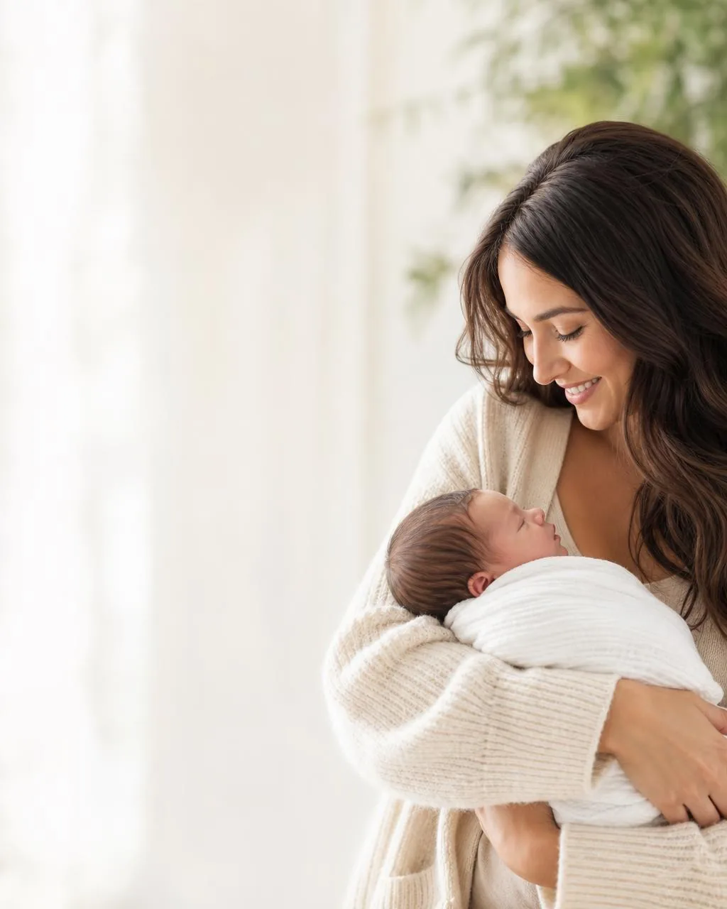 Mother smiling down at her newborn baby