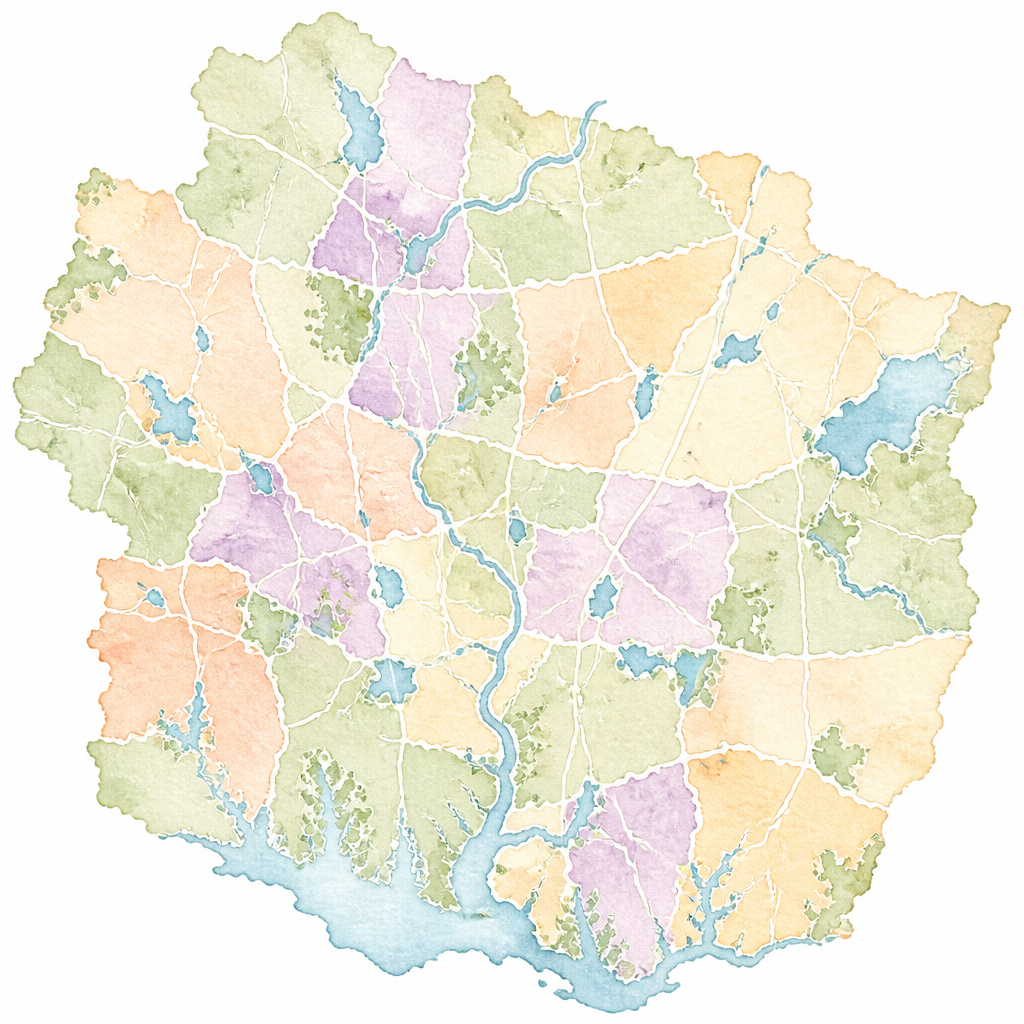 Watercolor map of Lake and McHenry County communities